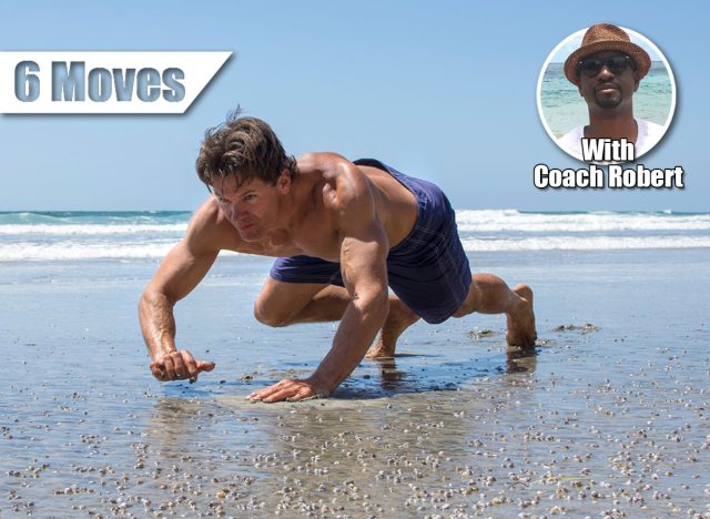 Muscular Caucasian man doing bear crawl workout on sandy beach on sunny day at lowtide. These 6 Bodyweight Moves Build Core Strength Faster Than Planks After 40. Cover