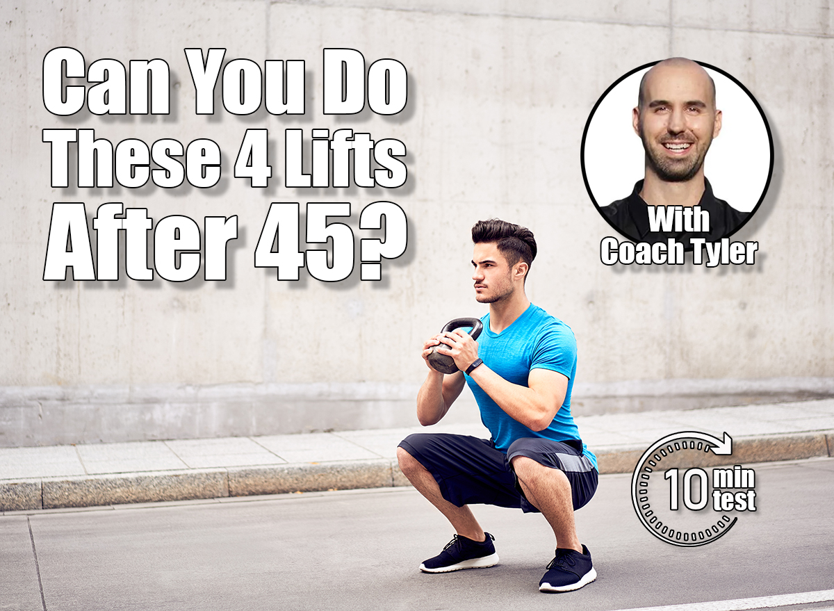 Muscular man doing squats with kettlebell in the city. If You Can Complete These 4 Lifts After 45, You're Stronger Than Most. Cover