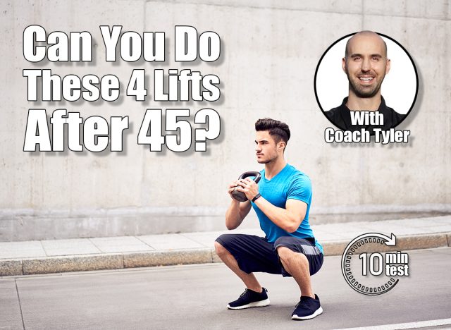 Muscular man doing squats with kettlebell in the city. If You Can Complete These 4 Lifts After 45, You're Stronger Than Most. Cover