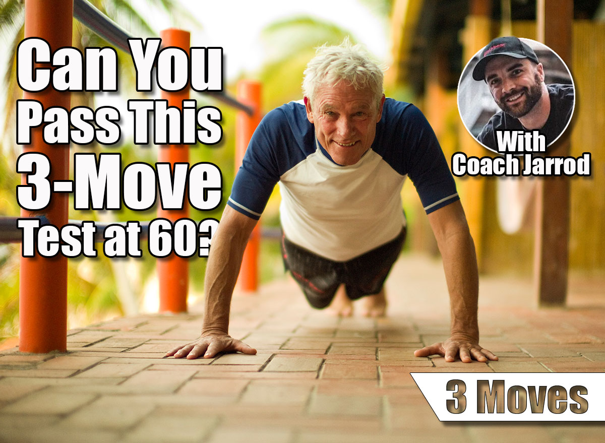 Mature man smiles as he does a press up on a balcony and poses for a portrait. If You Can Complete This 3-Move Test at 60, Your Fitness Age Is 40, cover