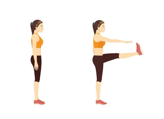 Woman doing Exercise guide by Walking High Kicks in 2 step. Illustration about workout posture.