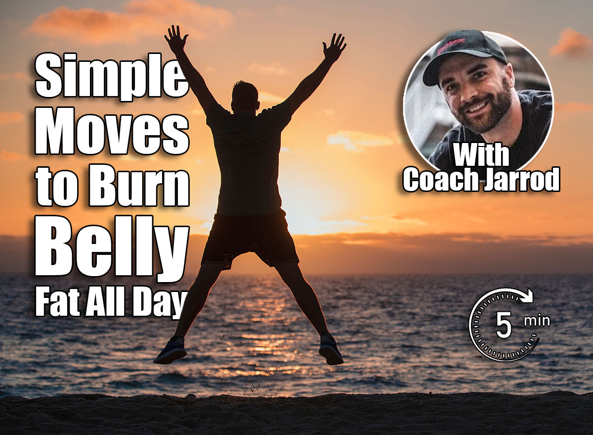 A rear-view shot of an unrecognizable man doing jumping jacks on the beach, he is looking out towards the sea and the sunset on a beautiful evening in Perth, Australia. The 5-Minute Routine That Torches Belly Fat All Day. Cover