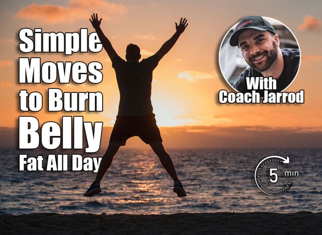 A rear-view shot of an unrecognizable man doing jumping jacks on the beach, he is looking out towards the sea and the sunset on a beautiful evening in Perth, Australia. The 5-Minute Routine That Torches Belly Fat All Day. Cover
