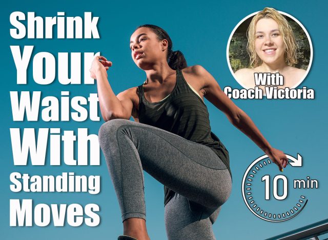 Young sporty woman doing warming up outdoors and putting elbow to the knee. 6 Daily Standing Moves That Build Strength and Shrink Your Waist. cover