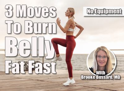 Morning workout. Healthy lifestyle concept. Young attractive woman in sportswear does warm up before exercise on the beach at sunrise. Running on the spot. 3 Moves You Can Do Anywhere to Shrink Belly Fat Fast After 40 Cover