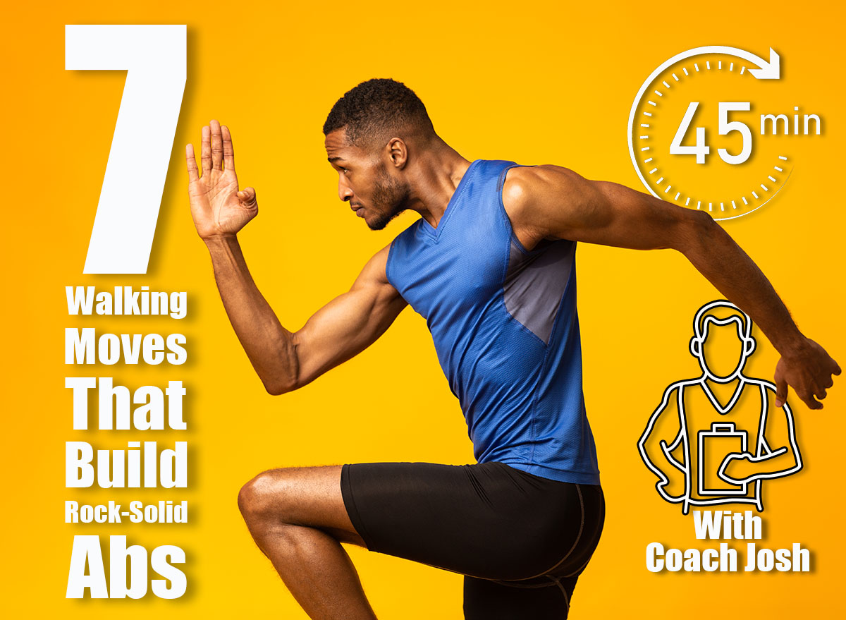 High Knees. Close up of muscular black man doing fitness exercise, lifting leg and waving arm, free space, panorama. 7 Simple Moves To Build Rock-Solid Abs While You Walk , cover