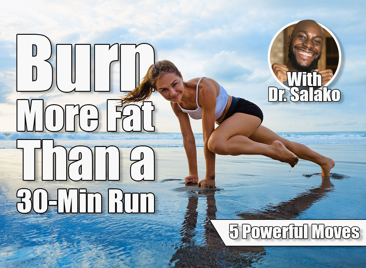 Sporty woman doing mountain climber exercise - run in plank to burn fat. Sunset beach, blue sky background. Healthy lifestyle at tropical island yoga retreat, outdoor activity, family summer vacation. 5 Belly-Blasting Moves That Outperform a 30-Minute Run After 40. Cover