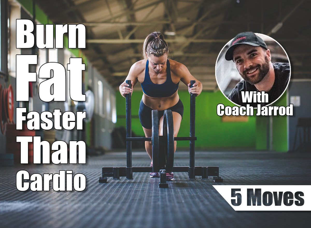 Female fitness model pushing a sled in a gym. 5 Fat-Burning Moves That Work Better Than Cardio After 40. Cover