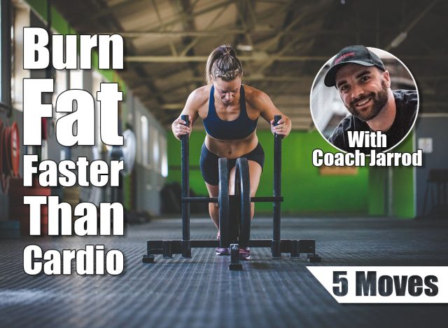 Female fitness model pushing a sled in a gym. 5 Fat-Burning Moves That Work Better Than Cardio After 40. Cover