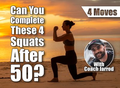 Active young woman exercising on the beach early in the morning, doing split squats and enjoying beautiful sunrise over the water. If You Can Do These 4 Squats Without Stopping, You're Stronger Than Most People Over 50. Cover
