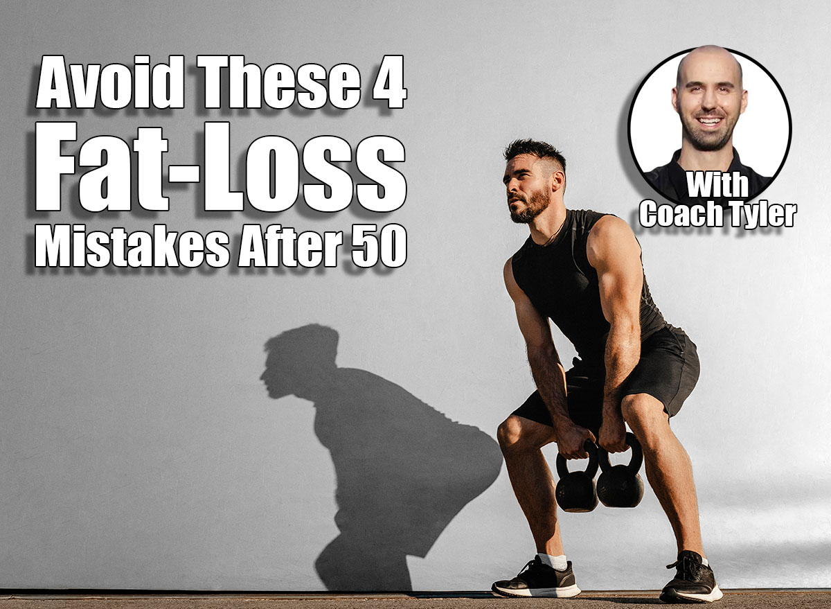 Strong young muscular focused fit man with big muscles holding heavy kettlebells. 4 Mistakes Men Over 50 Make That Sabotage Fat Loss. Cover