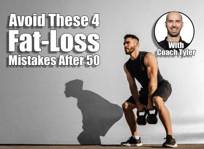 Strong young muscular focused fit man with big muscles holding heavy kettlebells. 4 Mistakes Men Over 50 Make That Sabotage Fat Loss. Cover