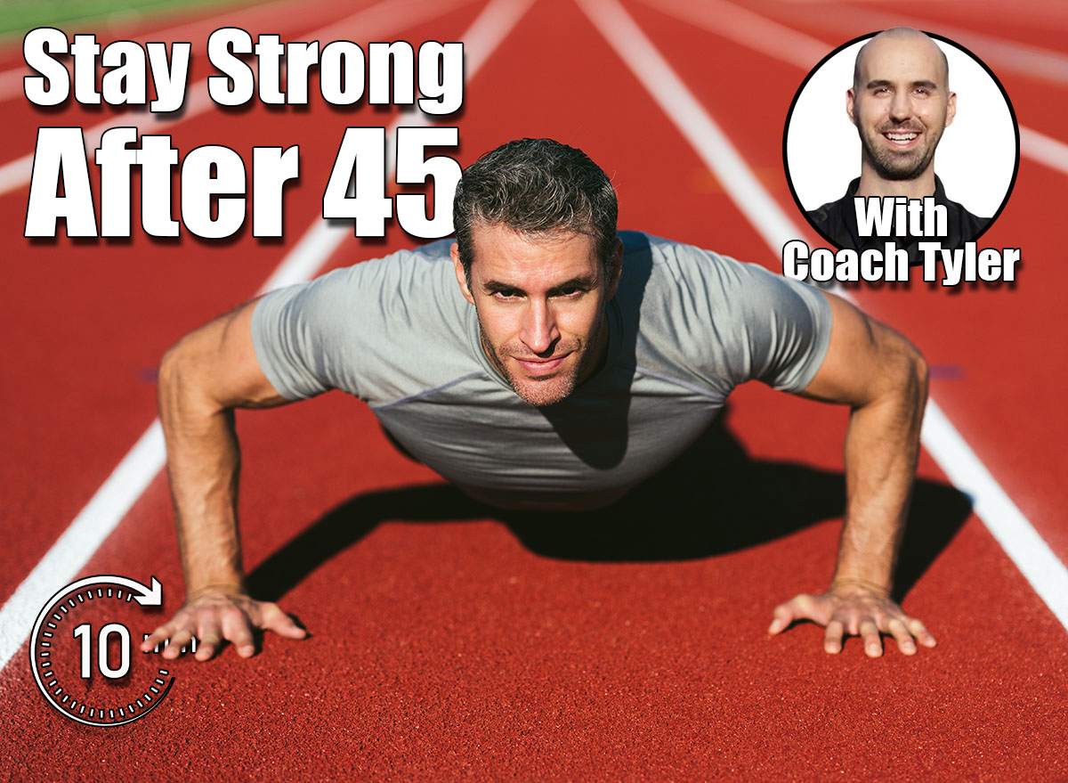 Mature fitness man in gray t-shirt looking and doing push-ups on the red running track. Copy space. Close up. Lifestyle and sports. 5 Classic Exercises Men Should Do Every Day to Stay Young After 45. Cover,