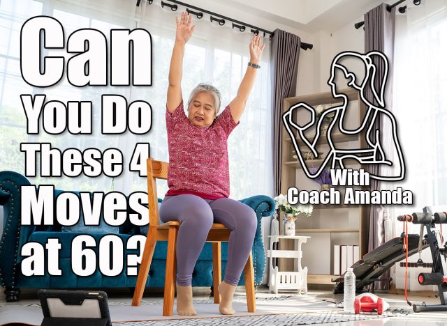 Senior woman sitting on chair and raising two arms above her head. doing workout for good healthy with training exercise online on tablet, elderly workout online from home concept. If You Can Complete These 4 Moves at 60, Your Body's Fitter Than People Half Your Age. Cover