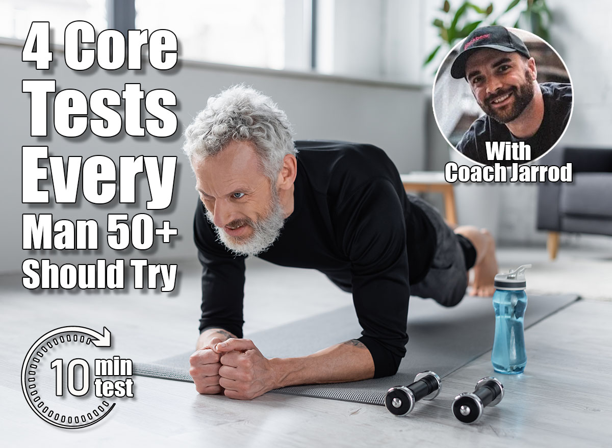 strong man with grey hair doing plank on fitness mat near dumbbells and sports bottle in living room. 4 Core Tests Every Man Over 50 Should Try Before It's Too Late. Cover