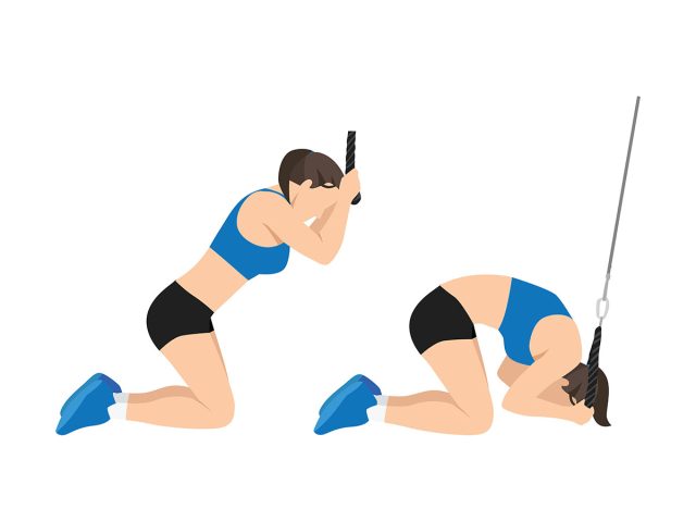 Woman doing Kneeling cable crunches exercise. Flat vector illustration isolated on white background
