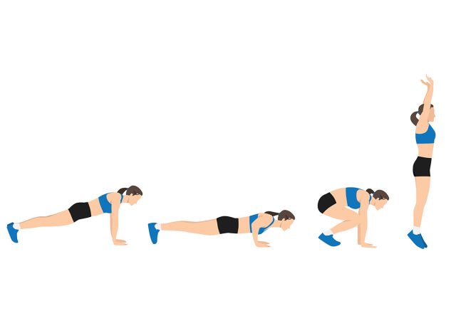 Woman doing Burpee with push up exercise. Flat vector illustration isolated on white background
