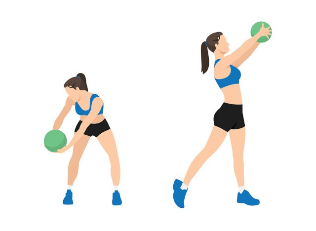 Woman doing Medicine ball wood chops exercise. Flat vector illustration isolated on white background. workout character set