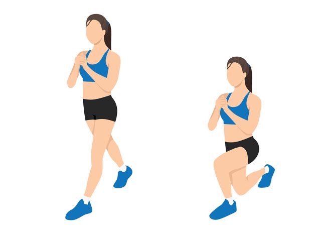 Woman doing Split squat exercise. Flat vector illustration isolated on white background