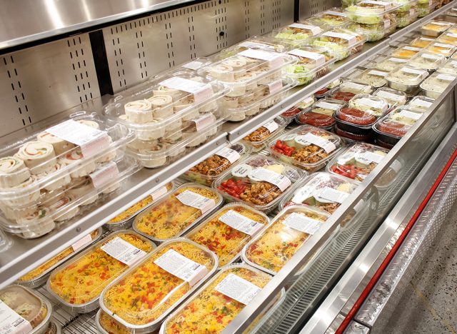 A view of several varieties of Kirkland Signature pre-made dinners, on display at a local Costco store.