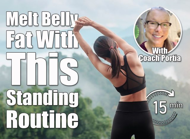 Young fitness female in sportswear stretching body against mountain view, healthy woman exercise in morning. Workout, wellbeing and work life balance concepts. This Standing Routine Reverses the #1 Cause of Belly Fat After 50. Cover