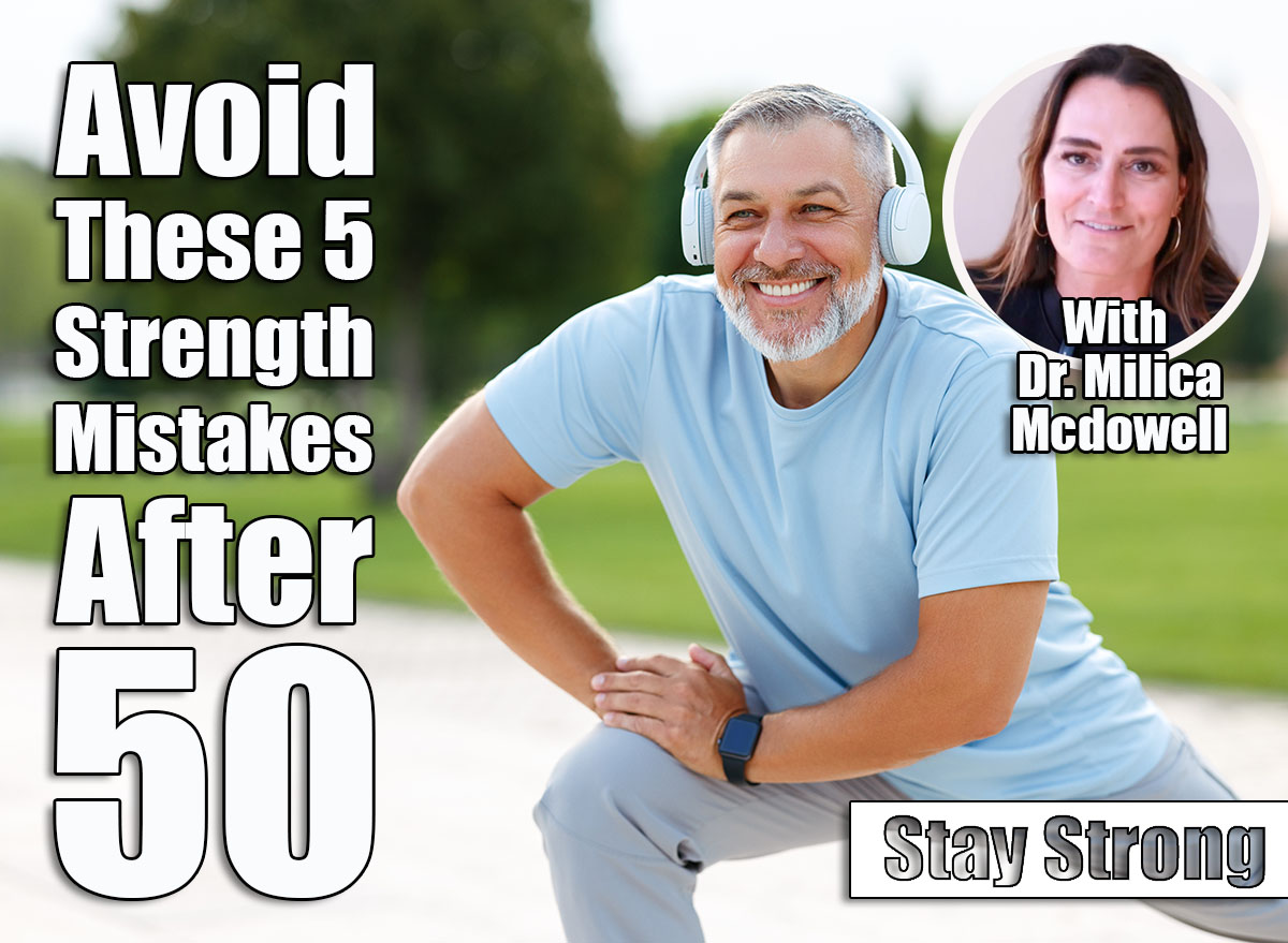If You Can Avoid These 5 Happy positive mature sportsman during outdoor workout, senior man wearing headphones and sports outfit warming up muscles, doing side squat on one leg, enjoying active lifestyle outside in park. Strength Mistakes After 50, Your Body Will Stay Decades Younger. Cover