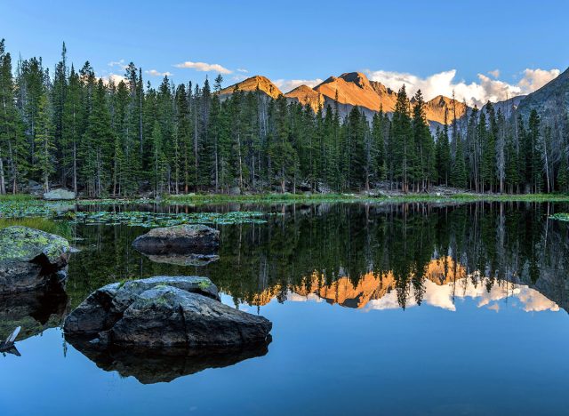Longs Peak at Nymph Lake - Panoramic view of majestic Longs Peak, with golden sunset light shining on its top, reflected in blue Nymph Lake on a summer evening, Rocky Mountain National Park, CO, USA.