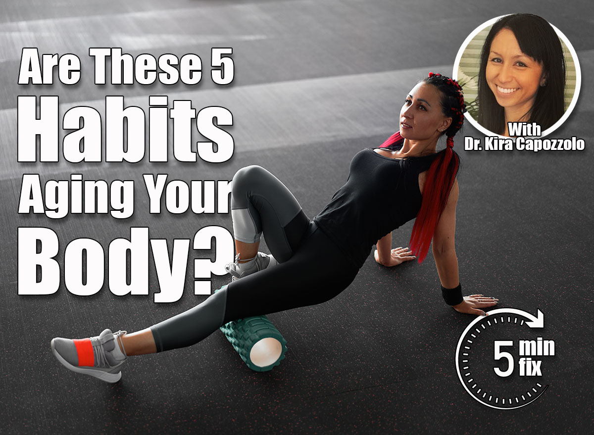 Woman massaging foam roll leg gym myofascial release exercise rolling, trigger points Middle adult caucasian woman sportswoman uses roller massager for relaxation, stretching muscles. 5 Exercise Habits That Are Secretly Aging Your Body After 40 (and What to Do Instead) cover