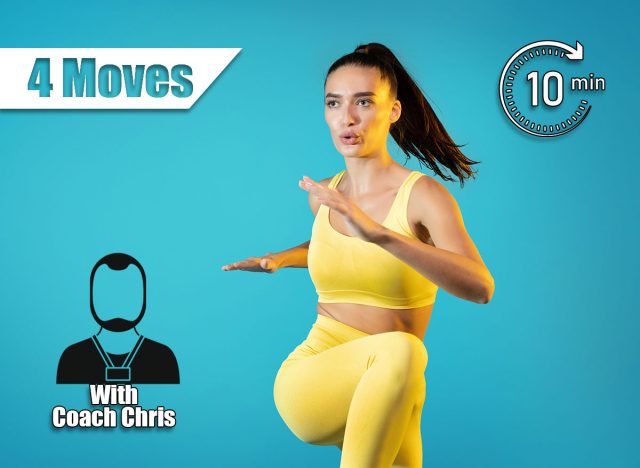 Fit Young Lady Exercising Doing Elbow To Knee Crunch Standing During Cardio Workout Over Blue Studio Background. Sporty Lifestyle And Fitness Motivation Concept. Empty Space For Text