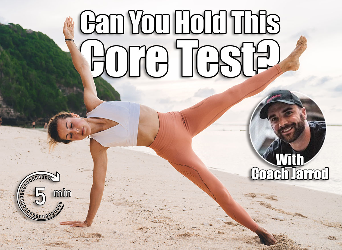 Full length of barefoot lady in sporty outfit practicing side plank star exercise with raised leg near sea during yoga session. If You Can Do This, Your Core Is Stronger Than Most People in Their 30s. Cover