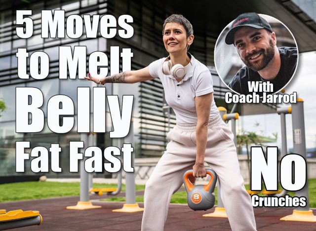 One woman modern mature caucasian female with short hair training in front of building in day with kettlebell weight swing at outdoor gym Sport fitness healthy lifestyle concept copy space. 5 Moves That Shrink Belly Fat Fast After 40 Without a Single Crunch. Cover