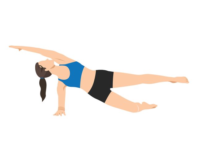 Woman doing Modified side plank with knee down exercise. Flat vector illustration isolated on white background