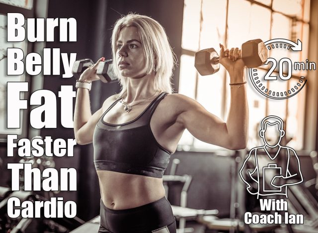 Athletic woman in sportswear trains shoulder muscles with heavy dumbbells in her hands in gym. Healthy lifestyle, fitness and bodybuilding concept. 6 Classic Exercises That Burn More Belly Fat Than Cardio After 40. cover