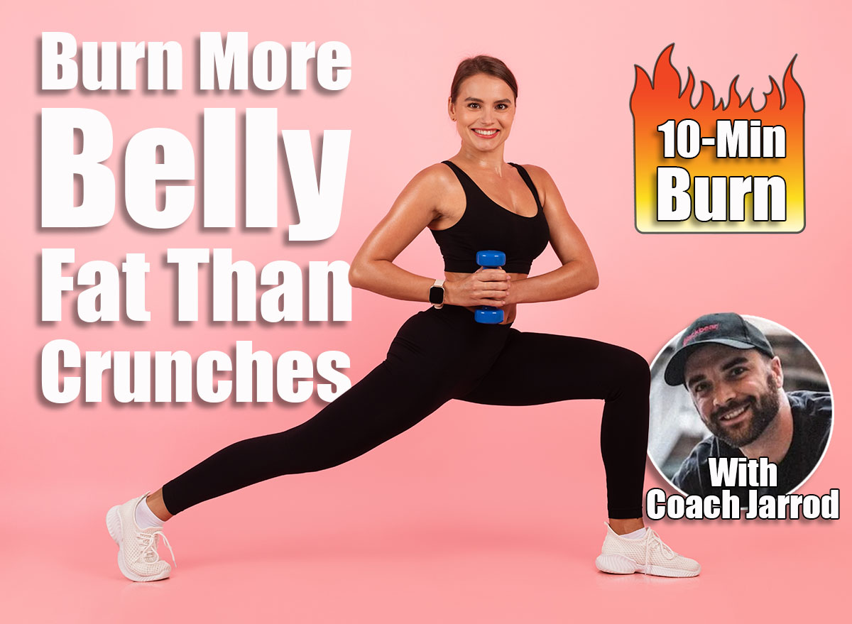 Portrait Of Athletic Young Woman Training With Dumbbells In Studio, Beautiful Sporty Female Making Core Rotation Exercise With Light Weights And Smiling At Camera While Posing Over Pink Background. 5 Standing Moves That Burn Belly Fat Quicker Than Crunches Ever Could. Cover