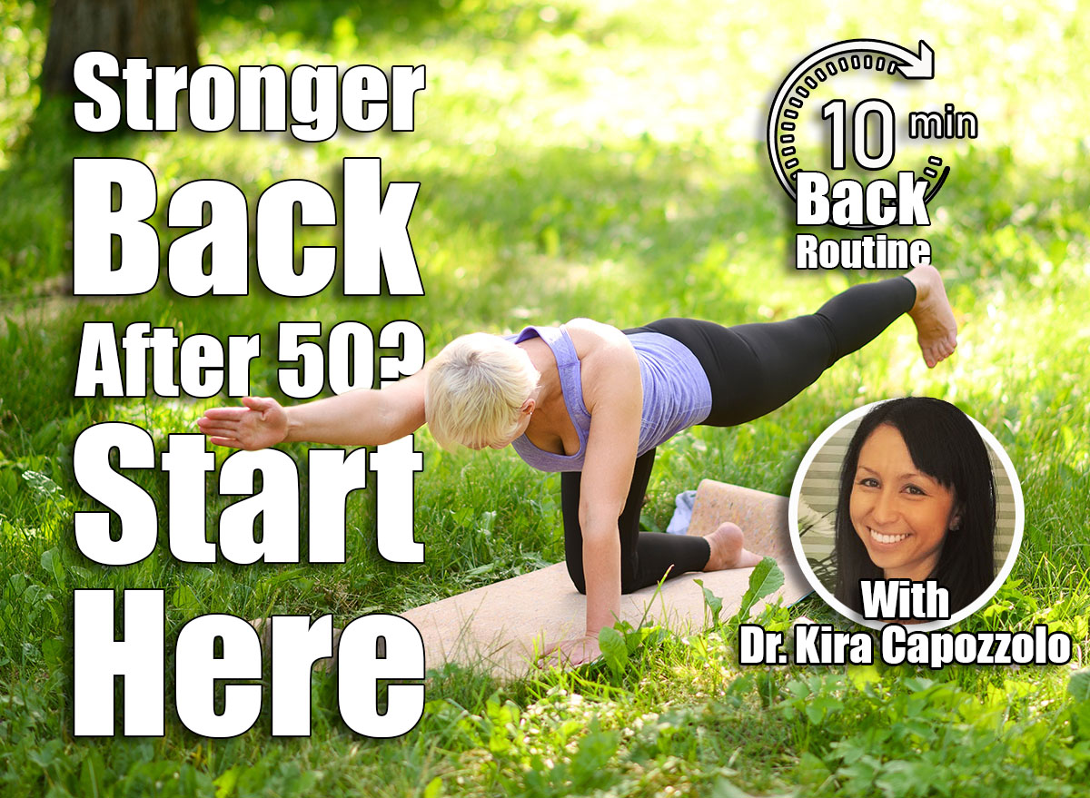 Full length portrait of a middle aged woman doing yoga or pilates on a mat outside in a park. Pose bird-dog or kneeling opposite stretching of arms and legs (chakravakasana). Side view.5 Back-Strengthening Exercises Women Over 50 Should Never Skip, cover
