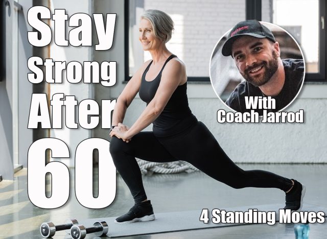 full length of happy senior woman in sportswear doing lunges on fitness mat near dumbbells in gym. 4 Standing Moves That Keep You Strong Over 60, Say Trainers. Cover