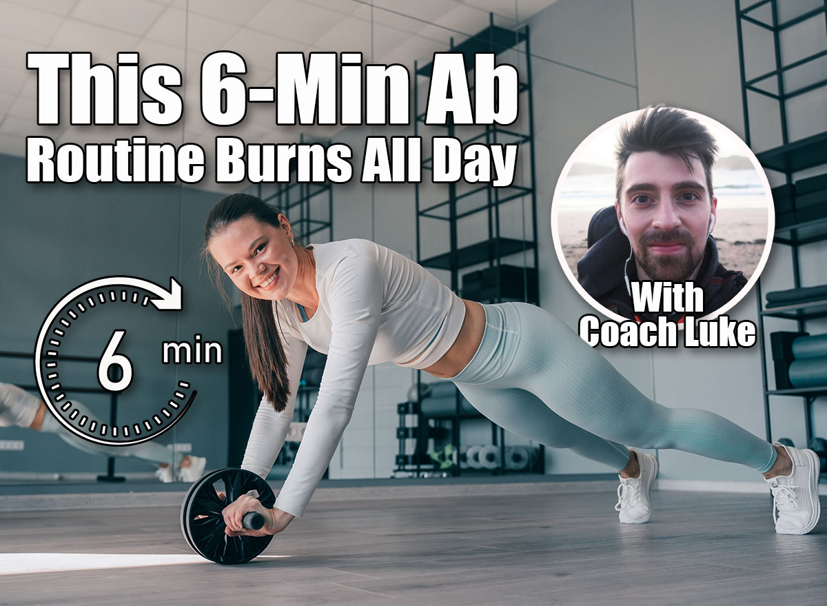 Brunette cheerful young woman in sportswear at abdominal exercise, rollouts. Fit caucasian girl improving body endurance, Happy fitness model at workout, looks air camera toothy smiles. This 6-Minute Ab Routine Burns Fat All Day After 40. Cover