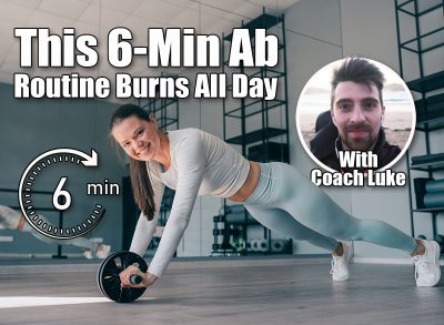 Brunette cheerful young woman in sportswear at abdominal exercise, rollouts. Fit caucasian girl improving body endurance, Happy fitness model at workout, looks air camera toothy smiles. This 6-Minute Ab Routine Burns Fat All Day After 40. Cover