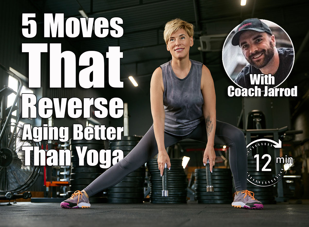 Smiling, positive, middle-aged woman training in gym, doing legs exercises, side lunges with dumbbells. Keeping fit body. Concept of active, sportive and healthy lifestyle, fitness, body care, ad. 5 Simple Movement Tricks That Reverse Aging Better Than Yoga, Say Experts. Cover