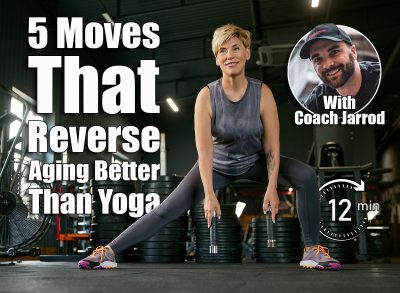 Smiling, positive, middle-aged woman training in gym, doing legs exercises, side lunges with dumbbells. Keeping fit body. Concept of active, sportive and healthy lifestyle, fitness, body care, ad. 5 Simple Movement Tricks That Reverse Aging Better Than Yoga, Say Experts. Cover