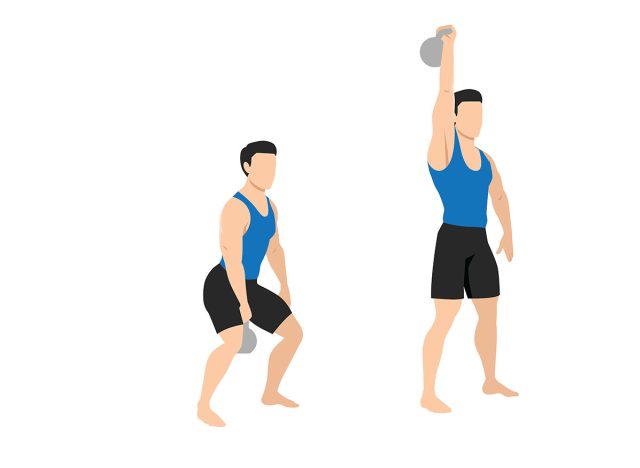 Man doing kettlebell clean and jerk exercise. Flat vector illustration isolated on white background