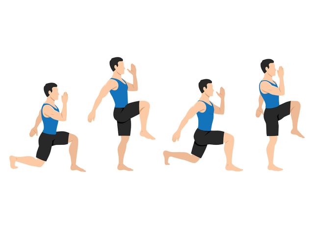 Man doing Walking lunges exercise. Flat vector illustration isolated on white background
