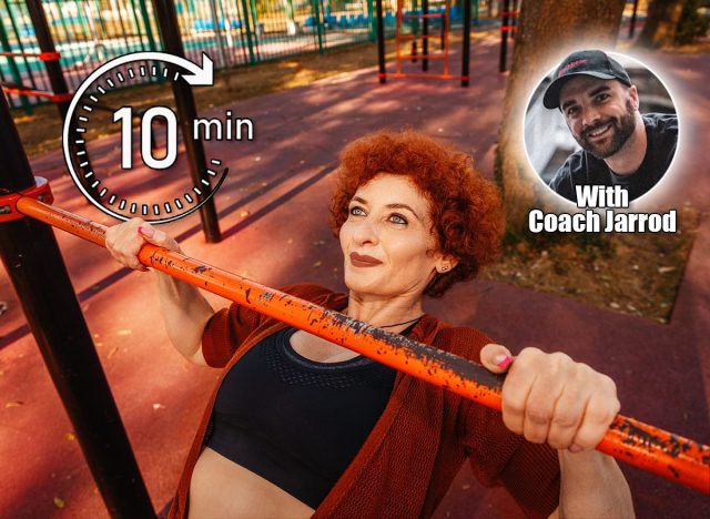 Top view portrait of adult pretty Caucasian woman push-up in horizontal bar. Concept of healthy lifestyle. If You Can Do These 3 Moves at 60, Your Body Is Aging Exceptionally Well. Cover