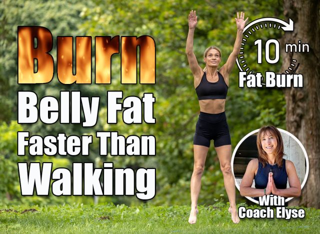 Fit woman dressed in sportswear makes workout outdoor in park makes jumping jacks exercises. 8 Moves That Melt Stubborn Belly Fat When Walking Isn't Enough. Cover