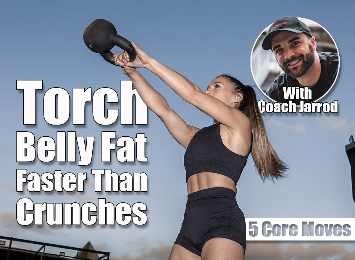 Low angle of determined female athlete in activewear with ponytail lifting heavy kettlebell in outstretched arms during fitness workout on sports ground in evening. 5 Core Moves That Burn Belly Fat Faster Than Crunches. Cover