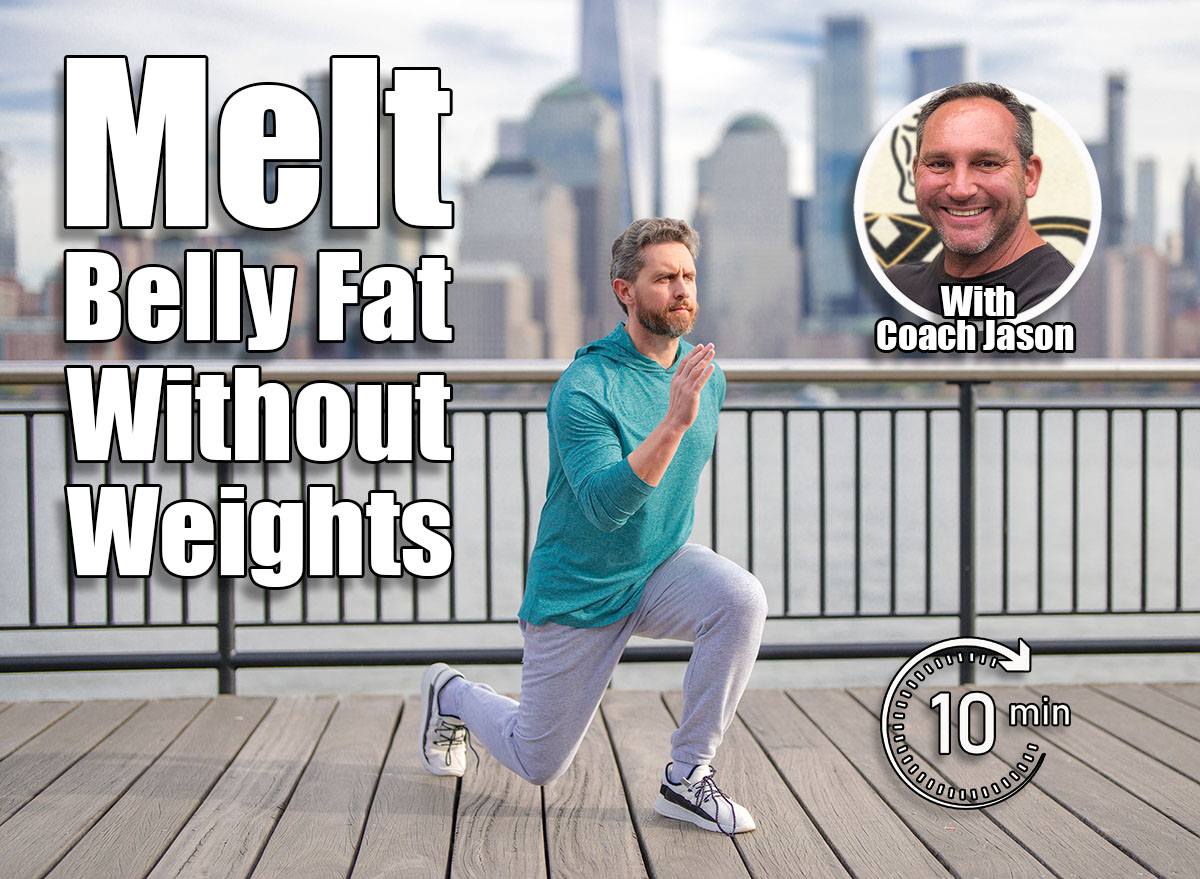 Man in fitness wear exercising near Manhattan. Healthy exercises. Active senior man is fitness exercising outdoor. Exercising after retirement. Senior man training legs muscles doing lunges exercise. 4 Bodyweight Moves That Melt Belly Fat Faster Than Weight Training After 40. Cover