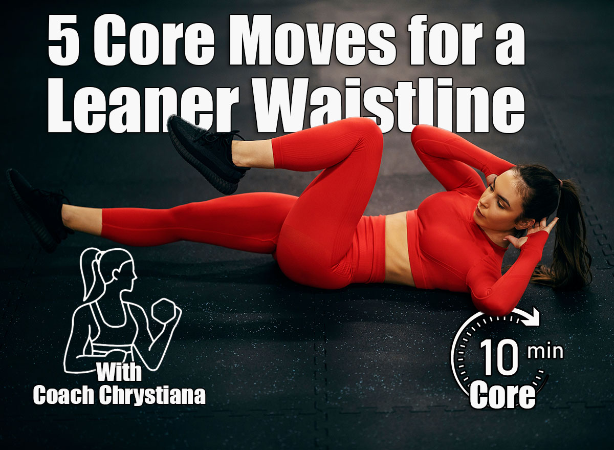 A female athlete is doing knee to elbow crunches on a gym floor. 5 Body-Sculpting Moves To Build a Lean Waistline. Cover