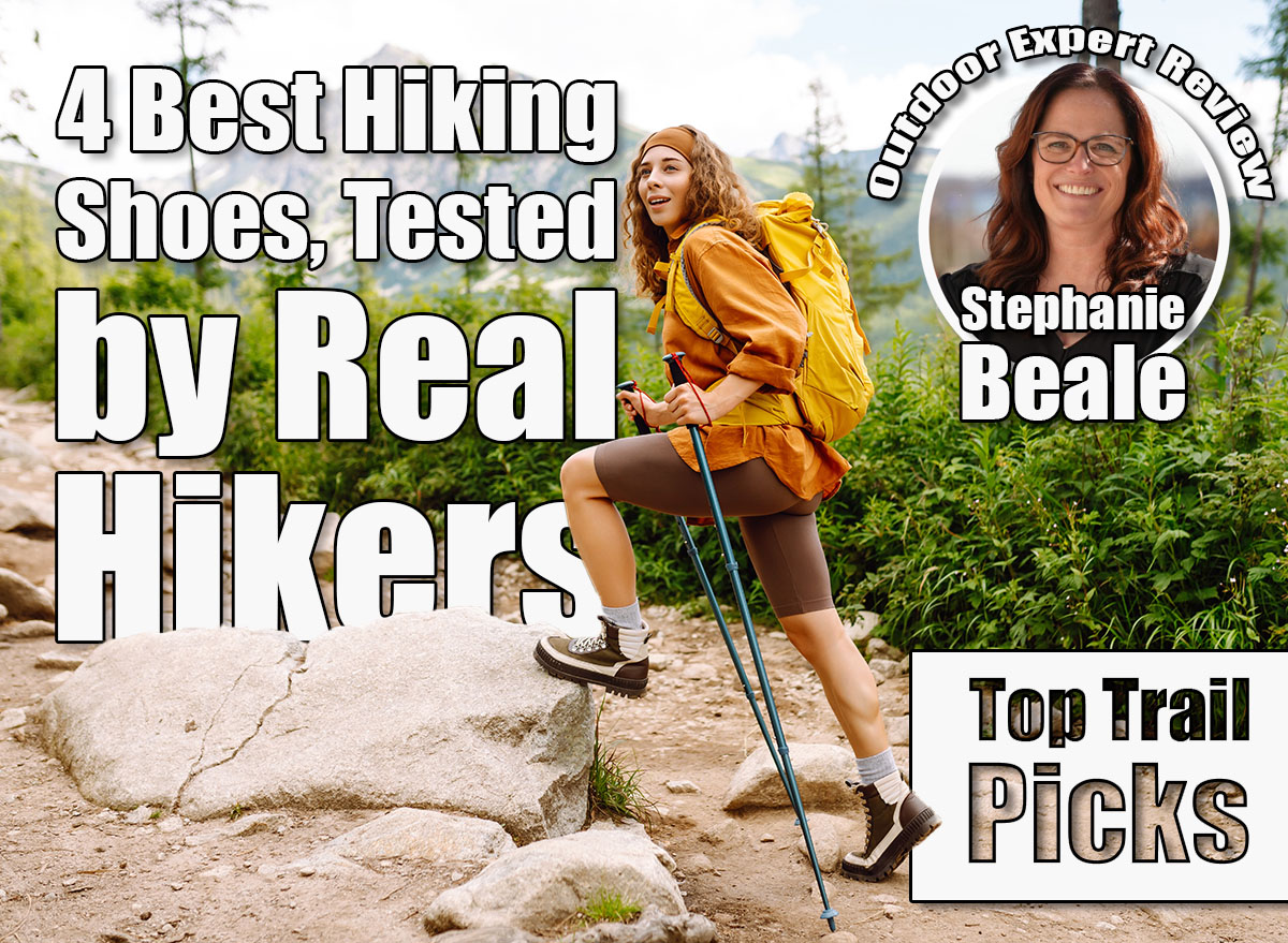 Happy backpacker woman hiking, camping through mountain forest. Adventure, travel, sport, active life. The 4 Best Hiking Shoes, According to Experienced Hikers , cover