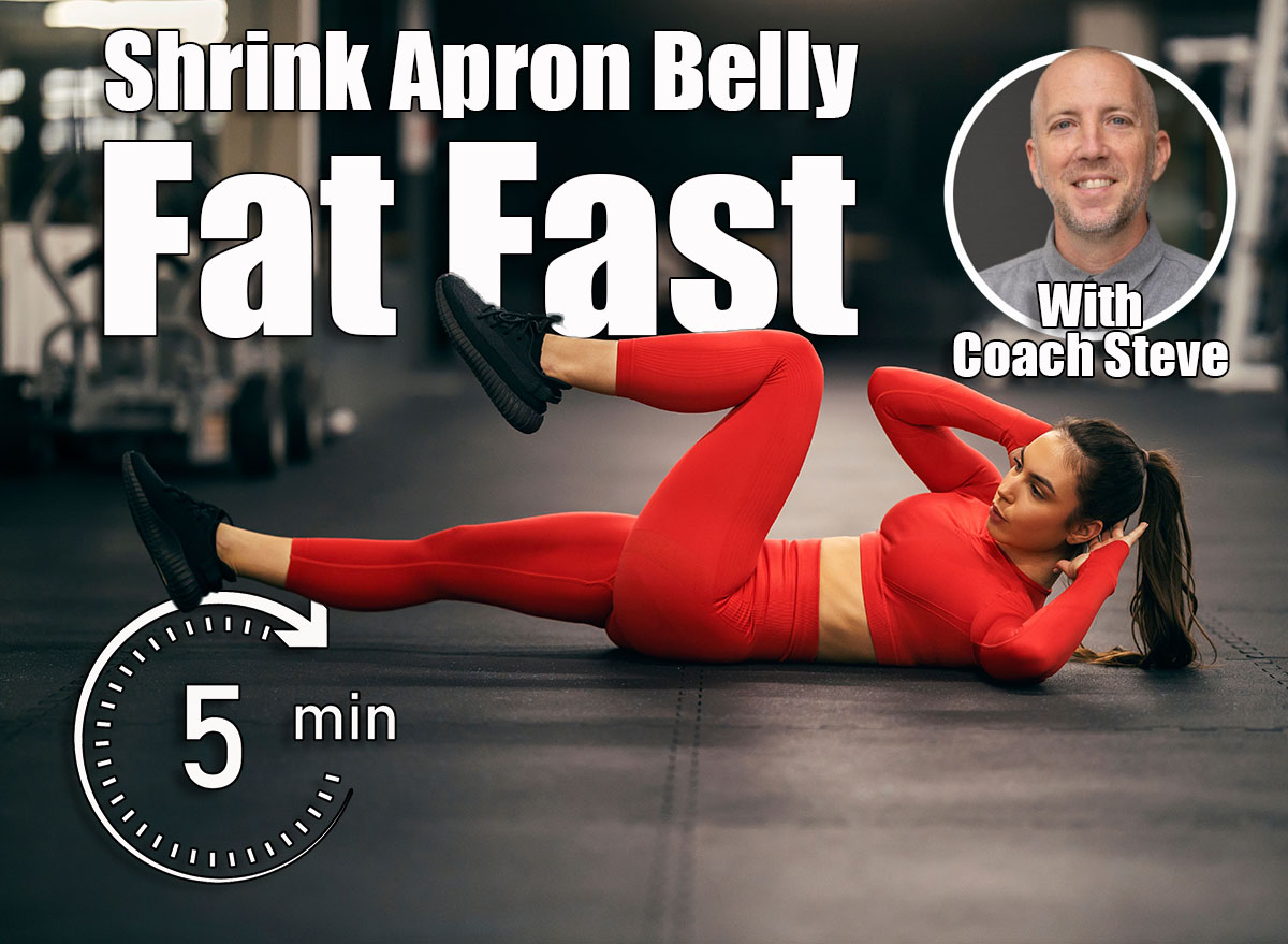 A fit sportswoman is doing bicycle crunches on a gym floor. This 3-Move Ab Combo Shrinks 'Apron Belly' Fat Fast. Cover