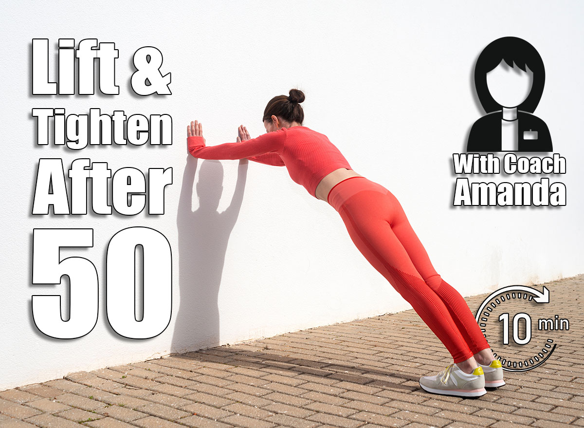 Sporty woman doing push off exercises against a wall. 4 Simple Daily Exercises That Lift & Tighten After 50. Cover
